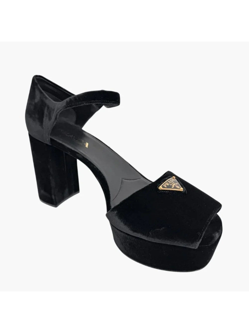 Prada Triangle Logo Platform Pumps Heels Sandals Black Velvet Size 41 US 11